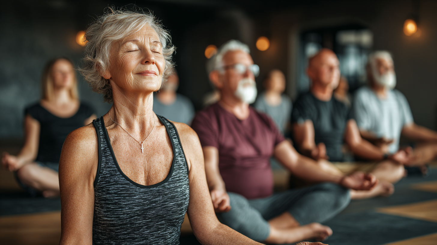 Група літніх людей практикує йогу в парку на світанку
